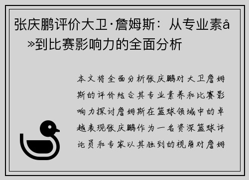 张庆鹏评价大卫·詹姆斯：从专业素养到比赛影响力的全面分析